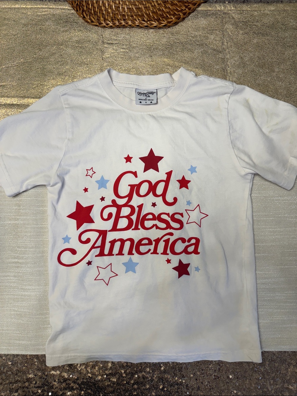 Mallory Ervin White Kids' Graphic Tee with Red "God Bless America" Print